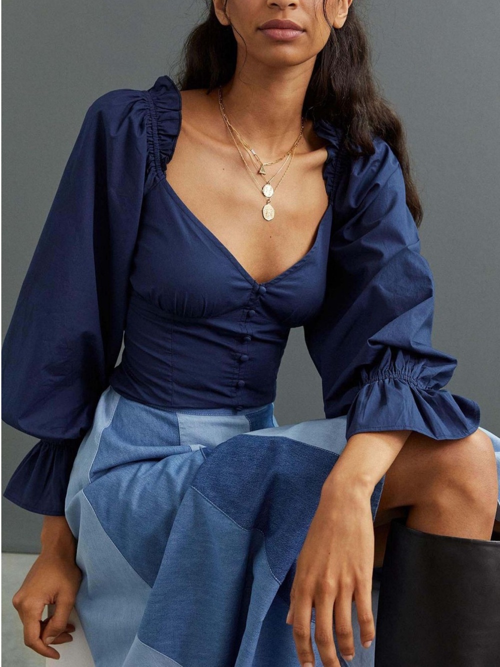 Anthropologie Navy Button-Front Puff-Sleeve Sweetheart Blouse